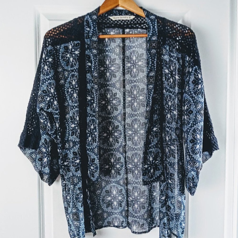 Anthro Hippie Laundry Navy Crochet Trim Kimono